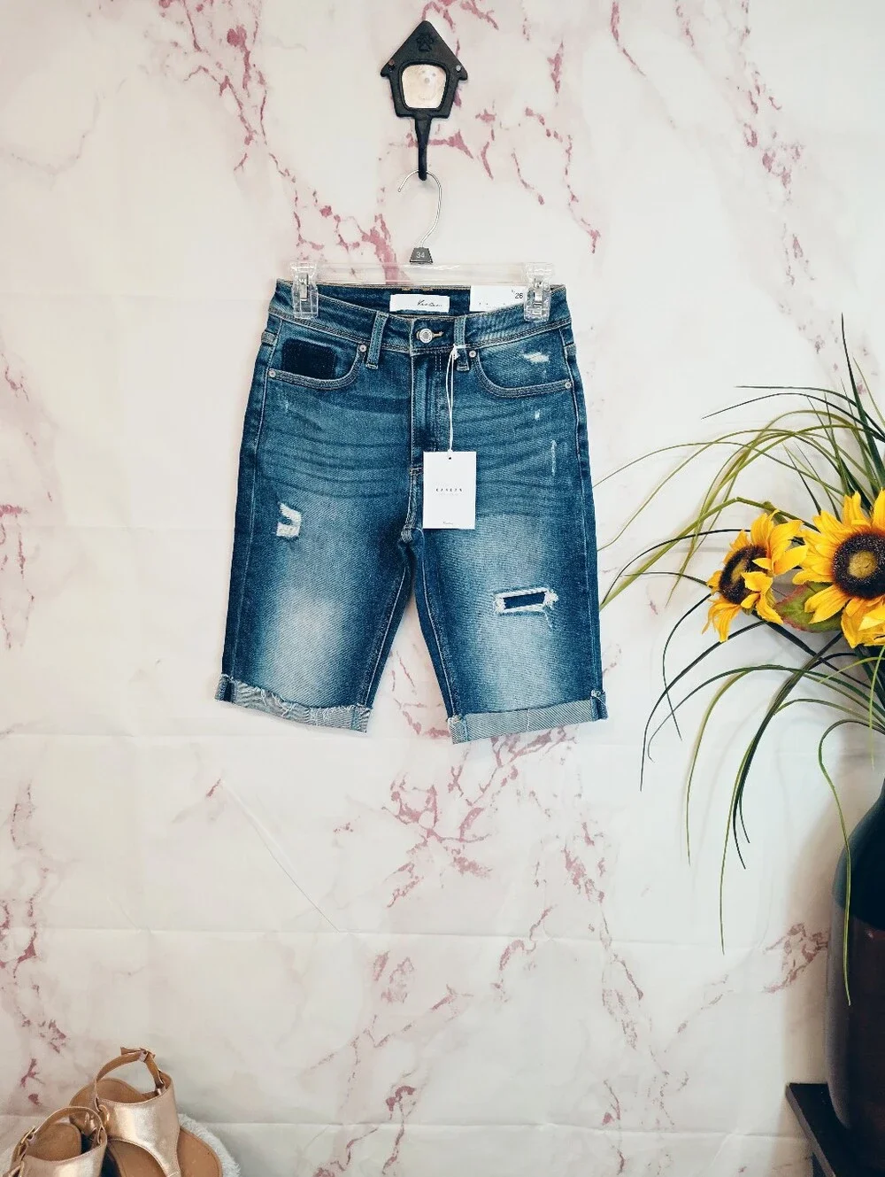 NWT Kancan Bermuda Denim Shorts Size 5/26 Distressed Stretch Cuffed